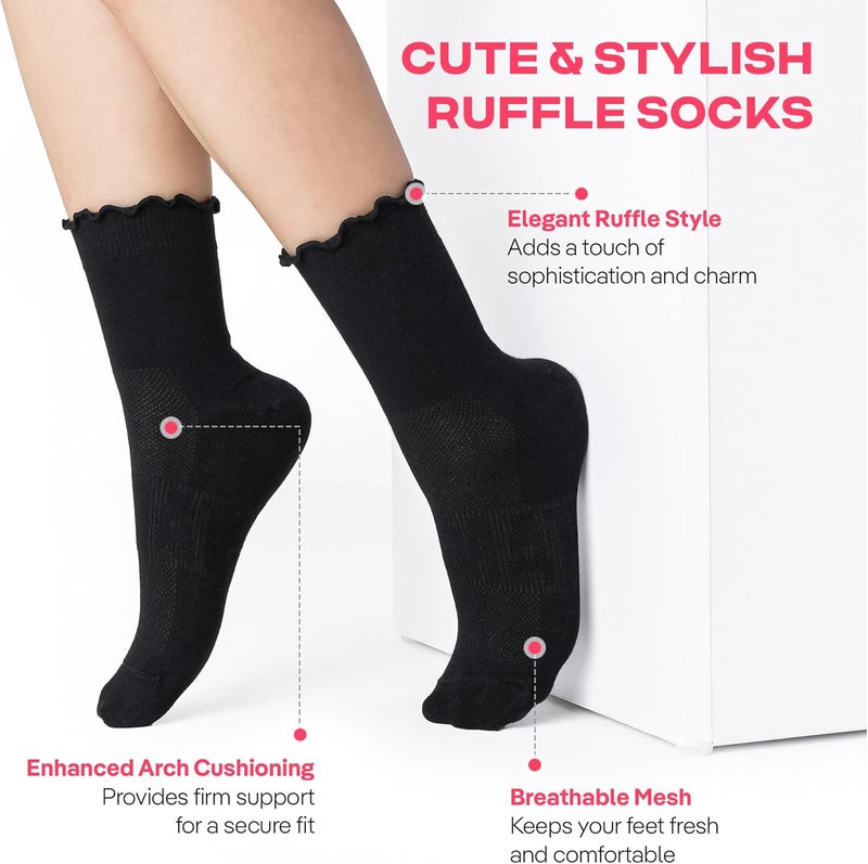 CoolMate Store 3 Pairs Womens Ruffle Socks, Cute Cotton Blend Crew Socks, Turn-Cuff Frilly Ankle Socks for Women - Image 2